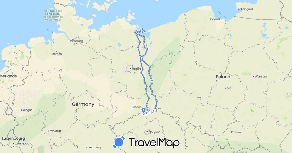 TravelMap itinerary: driving, cycling in Czech Republic, Germany, Poland (Europe)